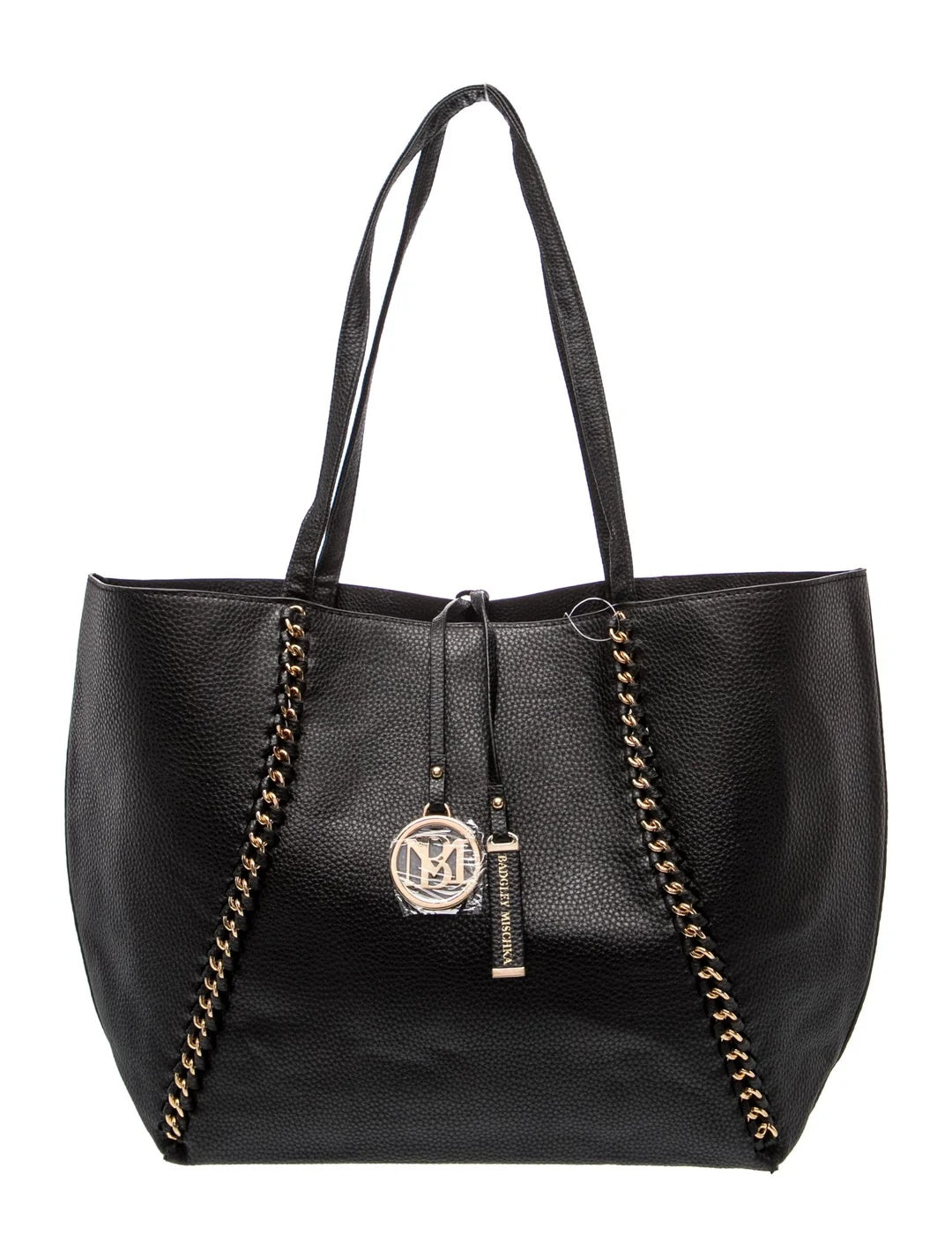 Badgley Mischka Decorative Chain Tote Bag Black Pebbled Vegan Leather NWT