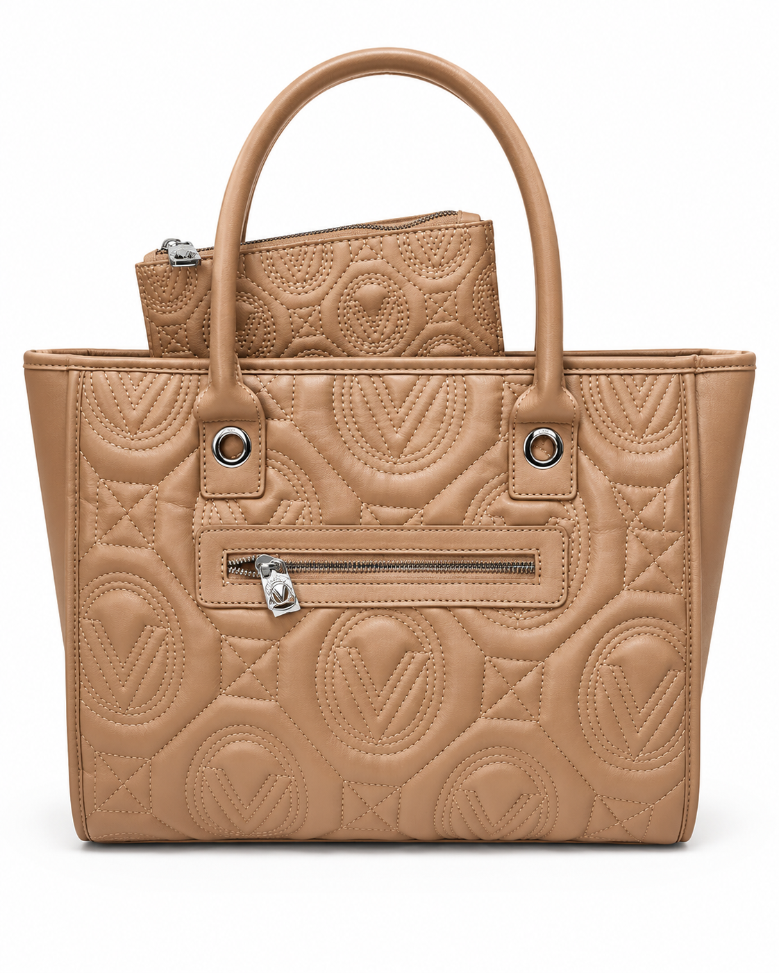 Valentino Orlandi Large Taupe Quilted V Logo Tote Bag with Pouch and Strap