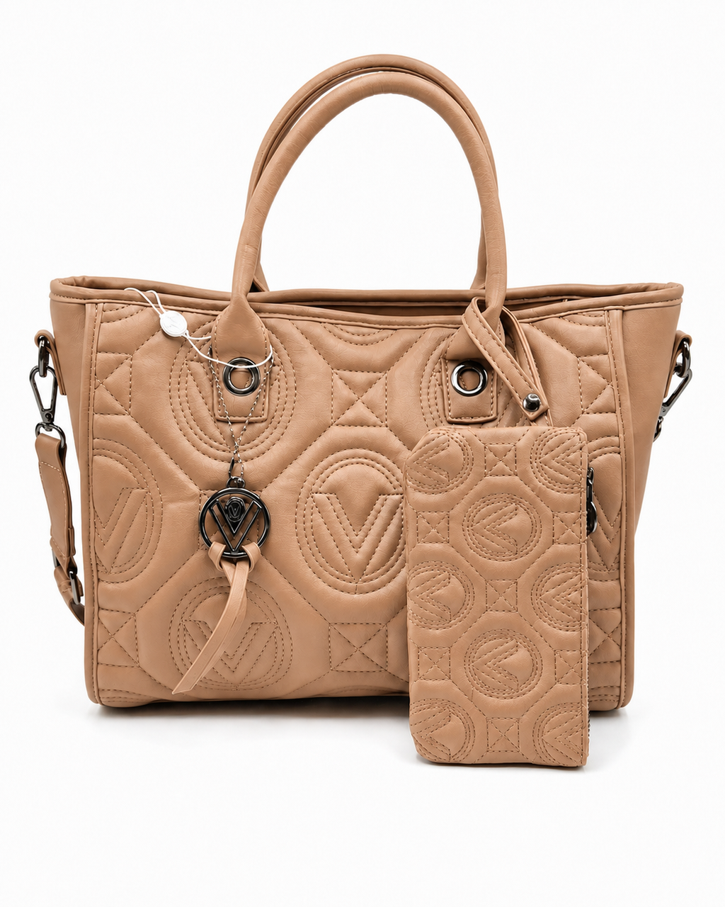 Valentino Orlandi Large Taupe Quilted V Logo Tote Bag with Pouch and Strap
