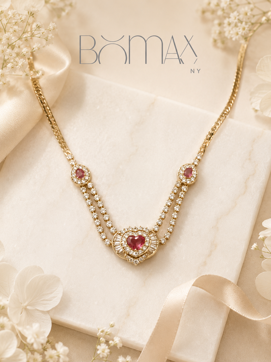18K Gold Natural Ruby & Diamond Heart Necklace