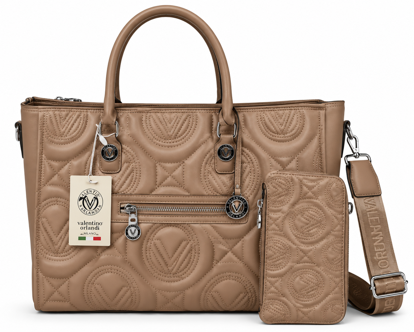 Valentino Orlandi Large Taupe Quilted V Logo Tote Bag with Pouch and Strap