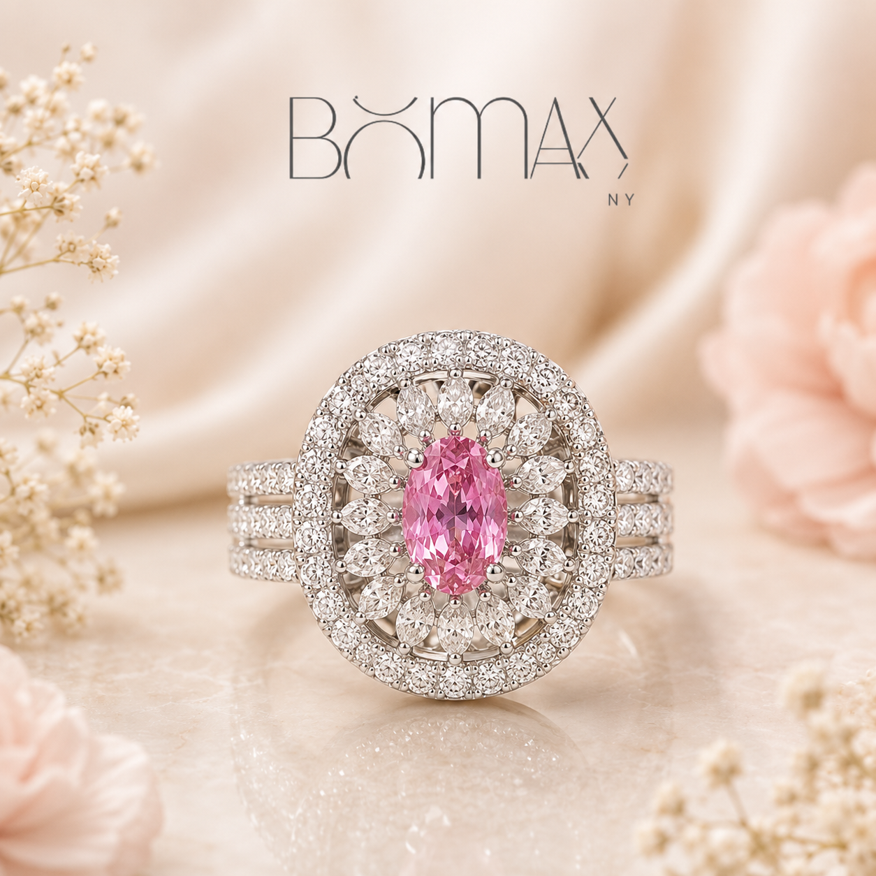 Pink Sapphire & Lab Diamond Halo Ring