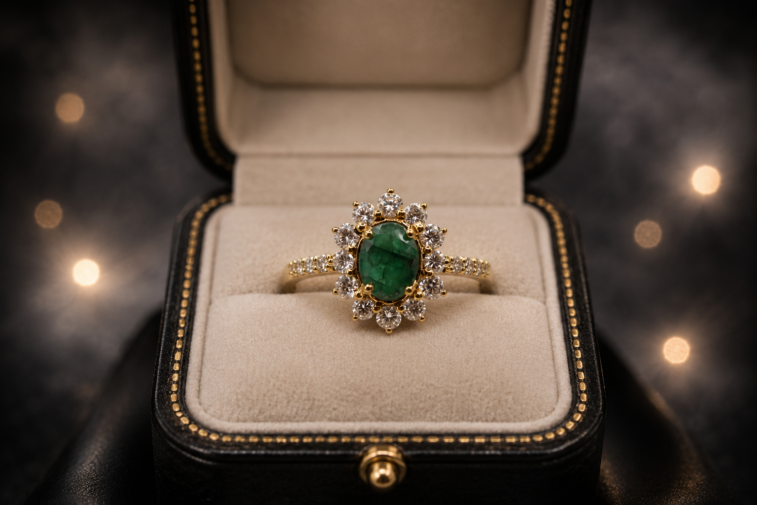 Emerald & Diamond Halo Ring