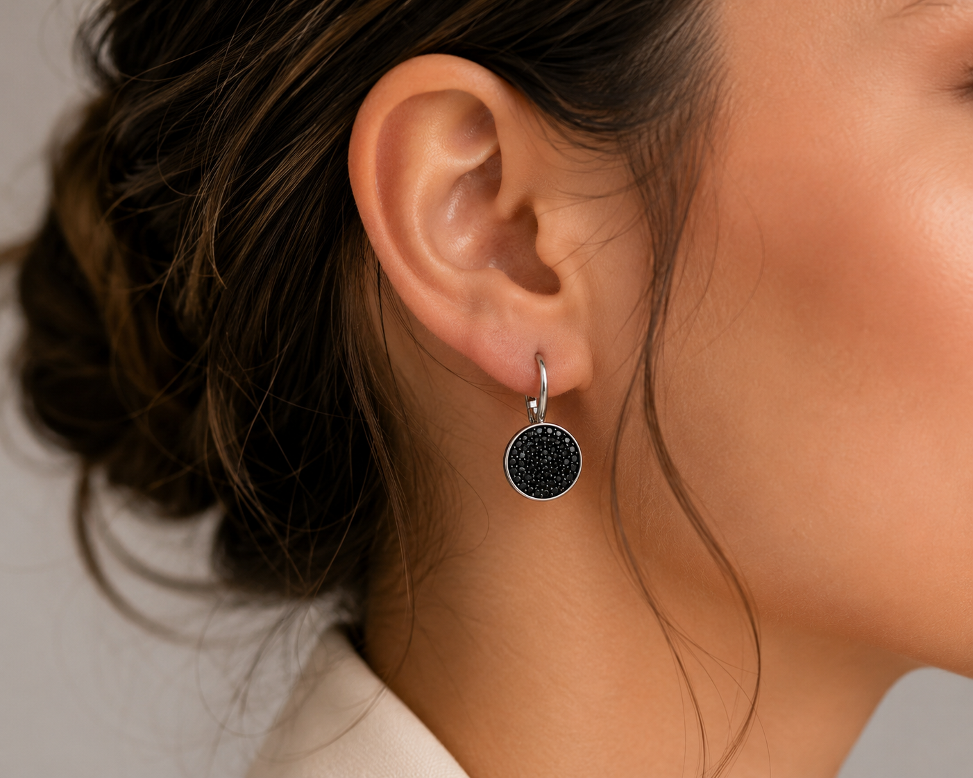 Black Crystal Disc Lever-back Earrings