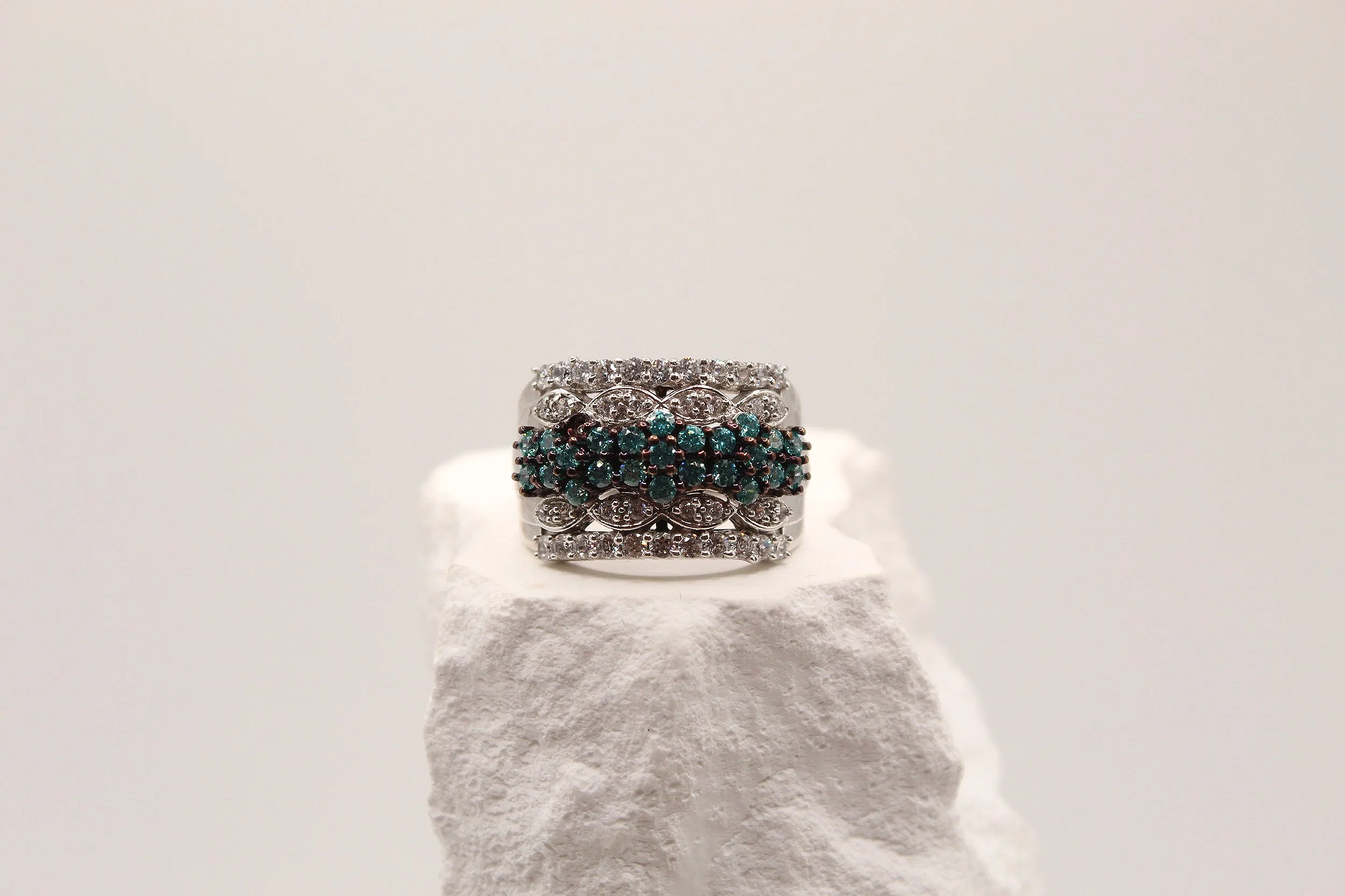 Multi-Row Diamond Silver Statement Ring